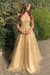Gold Stylish Lace Long Prom Dress with Spaghetti Straps
