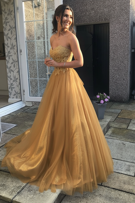 Gold Sweetheart Neck Open Back Lace Long Prom Dresses