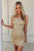 Sparkly Golden Spaghetti Straps Sequins Fringed Tight Short Hoco Dress