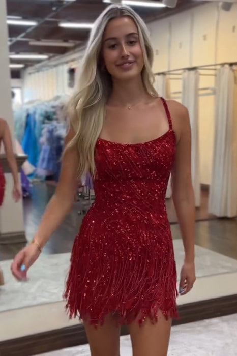 Sparkly Golden Spaghetti Straps Sequins Fringed Tight Short Hoco Dress