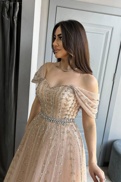 Gorgeous Beadings Aline Evening Dress with Cap Sleeves