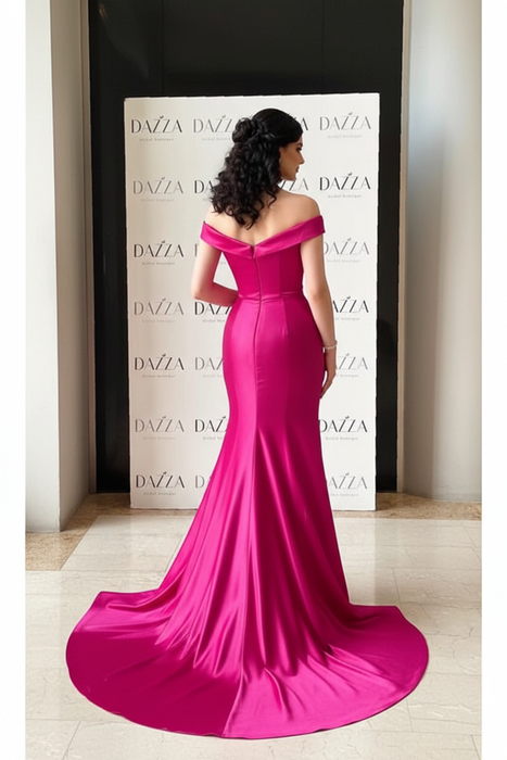 Gorgeous Fuchsia Off-The-Shoulder V-Neck Prom Dress with Split and Pleats