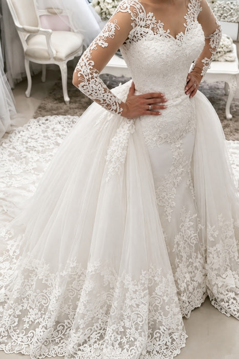 Gorgeous Ivory V-Neck Long Sleeves Appliques Watteau Train Wedding Dress