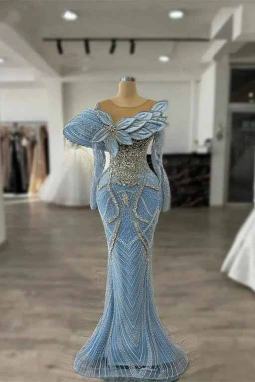 Gorgeous Long Sleeve Blue Evening Dress With Detachable Train Beaded Celebrity Dress - Prom Dresses