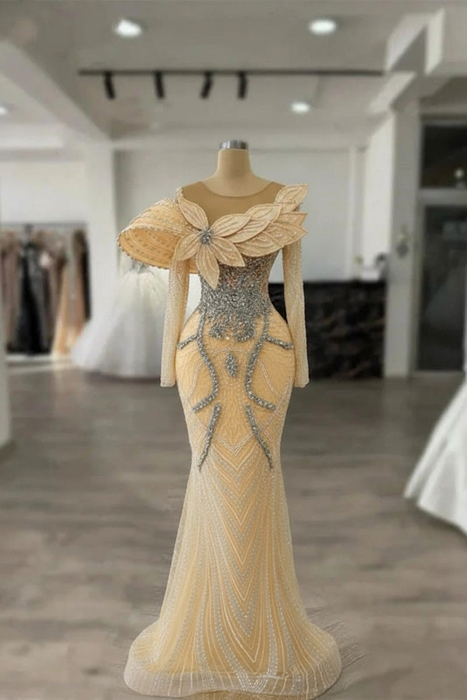 Gorgeous Long Sleeve Butter YellowG Evening Dress With Detachable Train Beaded Celebrity Dress - Prom Dresses