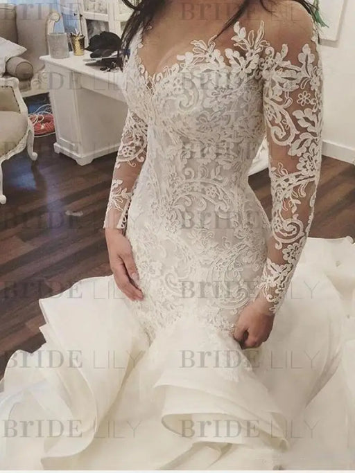 Gorgeous Long Sleeve Ivory Appliques Ruffles Wedding Gowns - wedding dresses