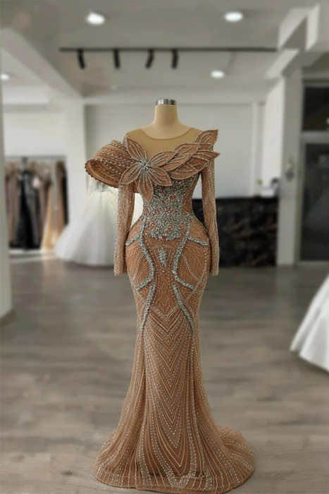 Gorgeous Long Sleeve Mocha Mousse Evening Dress With Detachable Train Beaded Celebrity Dress - Prom Dresses