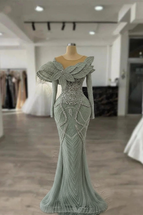 Gorgeous Long Sleeve Sage Green Evening Dress With Detachable Train Beaded Celebrity Dress - Prom Dresses