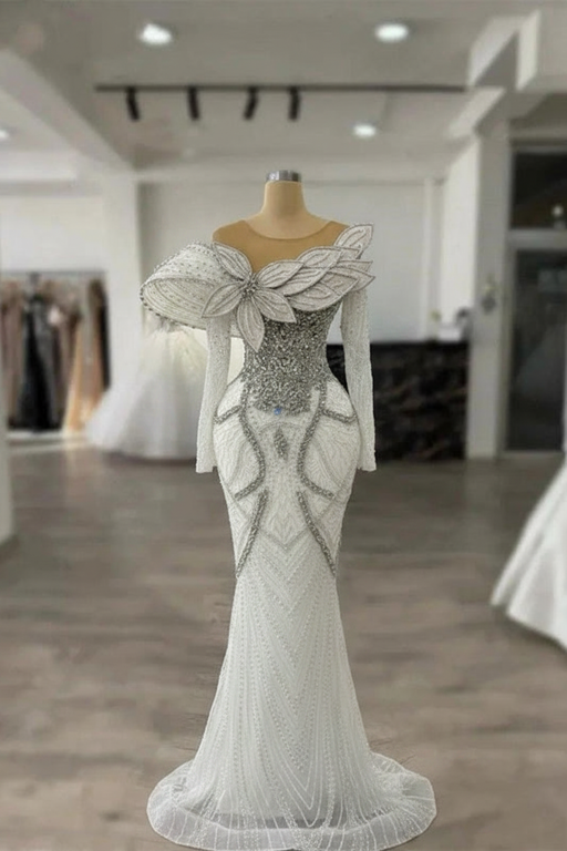 Gorgeous Long Sleeve White Evening Dress With Detachable Train Beaded Celebrity Dress - Prom Dresses
