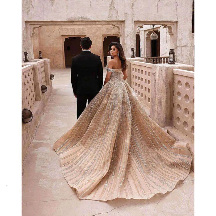 Gorgeous Off-the-Shoulder Crystal A-Line Wedding Dresses Chapel Train