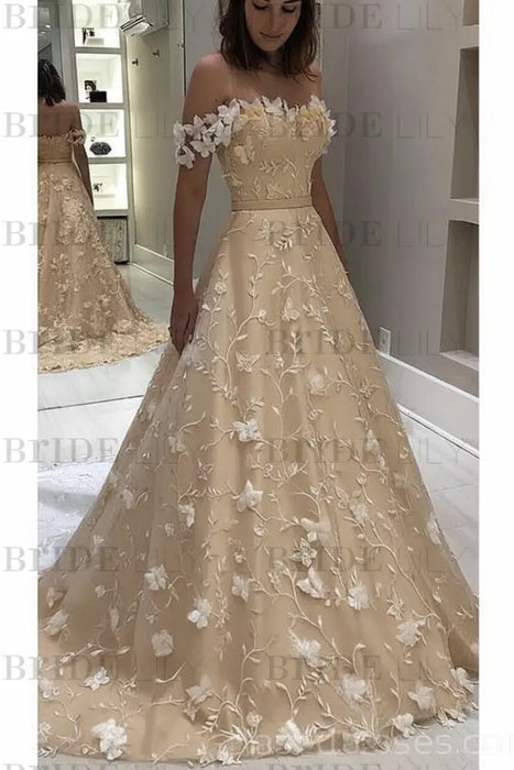 Champagne Off the Shoulder Lace White Long Wedding Dress - Wedding Dresses