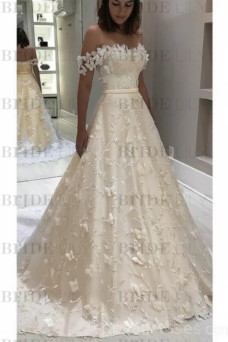 Ivory Off the Shoulder Lace White Long Wedding Dress - Wedding Dresses
