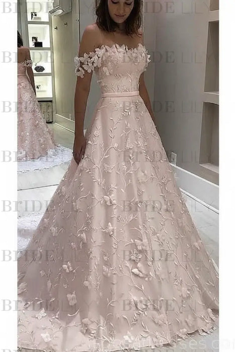 Blush Pink Off the Shoulder Lace White Long Wedding Dress - Wedding Dresses