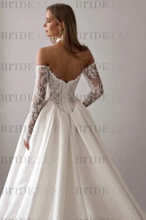 Gorgeous Off-the-Shoulder Satin Aline Wedding Dresses Front Split Long Sleeves Bridal Gown - Wedding Dresses