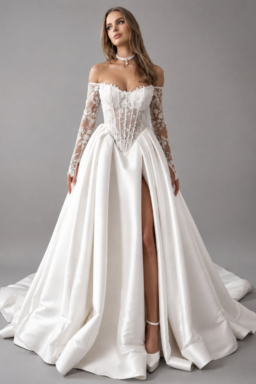 Gorgeous Off-the-Shoulder Satin Aline Wedding Dresses Front Split Long Sleeves Bridal Gown - Wedding Dresses