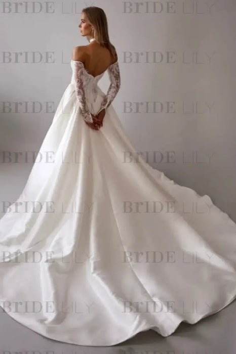 Gorgeous Off-the-Shoulder Satin Aline Wedding Dresses Front Split Long Sleeves Bridal Gown - Wedding Dresses