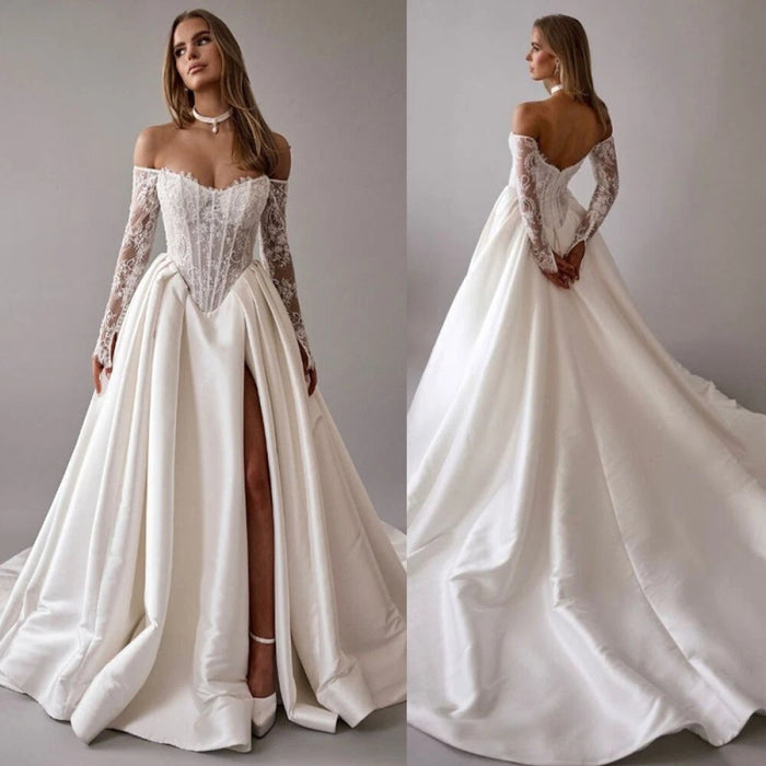 Gorgeous Off-the-Shoulder Satin Aline Wedding Dresses Front Split Long Sleeves Bridal Gown - Wedding Dresses