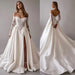 Gorgeous Off-the-Shoulder Satin Aline Wedding Dresses Front Split Long Sleeves Bridal Gown - Wedding Dresses