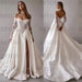 Gorgeous Off-the-Shoulder Satin Aline Wedding Dresses Front Split Long Sleeves Bridal Gown - Wedding Dresses
