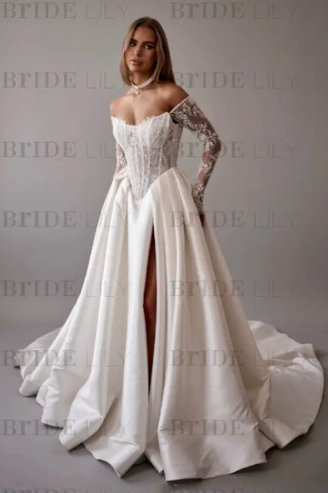 Gorgeous Off-the-Shoulder Satin Aline Wedding Dresses Front Split Long Sleeves Bridal Gown - Wedding Dresses