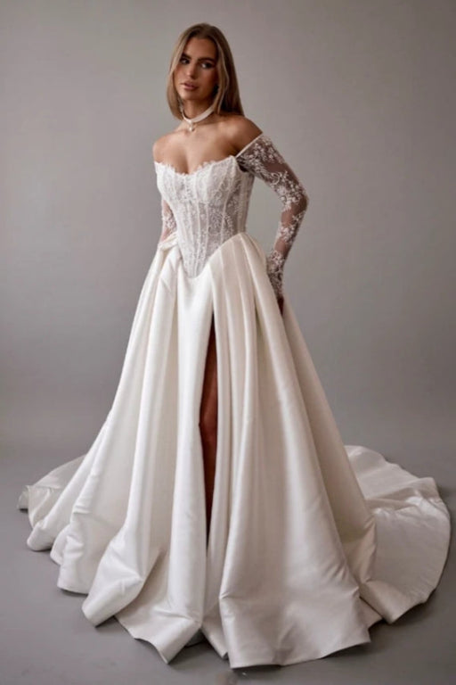 Gorgeous Off-the-Shoulder Satin Aline Wedding Dresses Front Split Long Sleeves Bridal Gown - Wedding Dresses