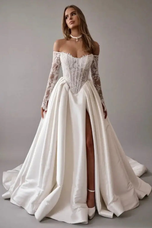 Gorgeous Off-the-Shoulder Satin Aline Wedding Dresses Front Split Long Sleeves Bridal Gown - Wedding Dresses