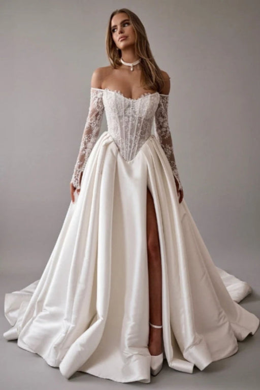 Gorgeous Off-the-Shoulder Satin Aline Wedding Dresses Front Split Long Sleeves Bridal Gown - Wedding Dresses