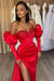 Gorgeous Red Off-the-Shoulder Half-Sleeve Sequined Evening Dress with Bubble Sleeves and Slit