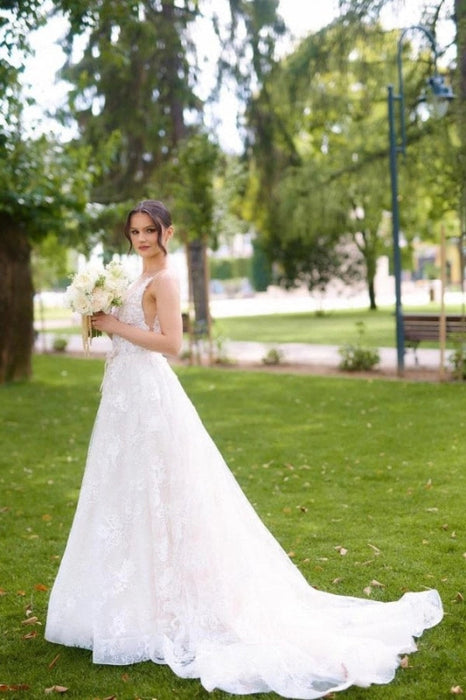 Gorgeous Sleeveless Lace Aline Wedding Dress V-Neck Tulle Bridal Dress