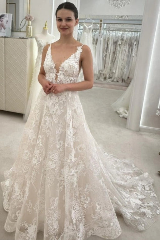 Gorgeous Sleeveless Lace Aline Wedding Dress V-Neck Tulle Bridal Dress