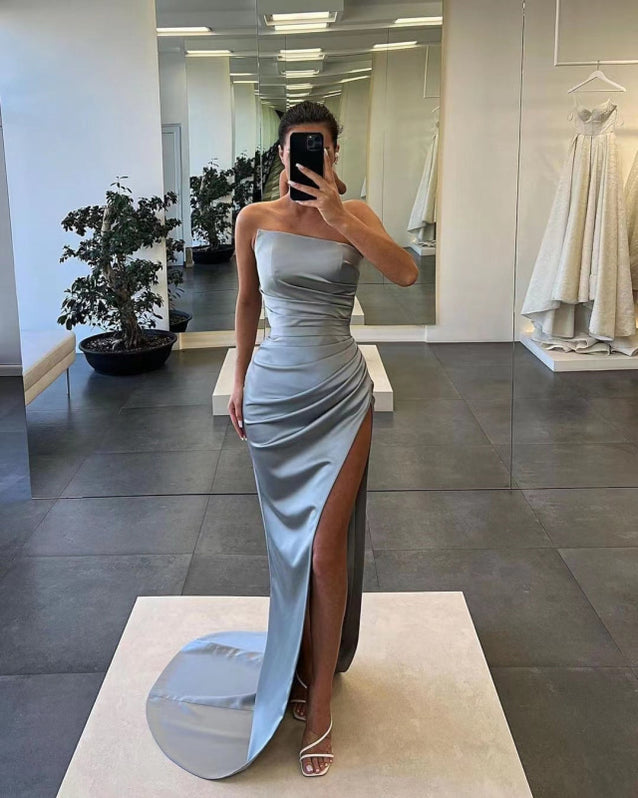 Deluxe Floor Length Sleeveless Mermaid Satin Prom Dress with Ruffles main image 1