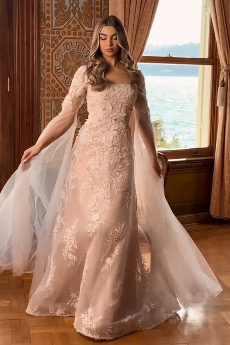 Gorgeous Square Neck Tulle Lace Wedding Dress with Cape
