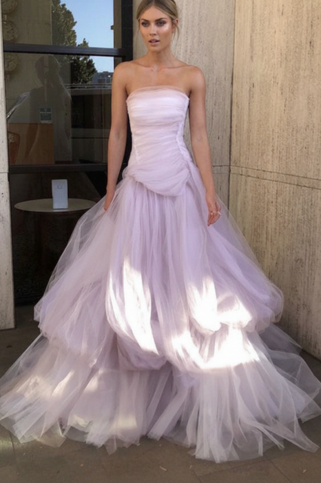 Gorgeous Strapless Layered Lavender Tulle Long Prom Dresses