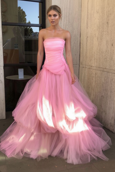 Gorgeous Strapless Layered Candy Pink Tulle Long Prom Dresses,