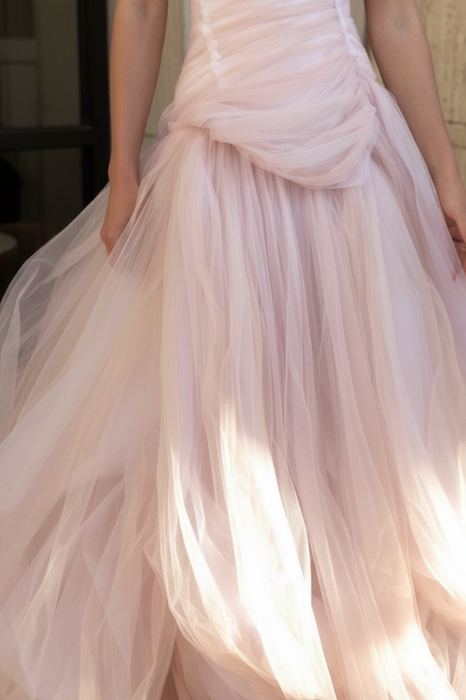 Gorgeous Strapless Layered Light Pink Tulle Long Prom Dresses,