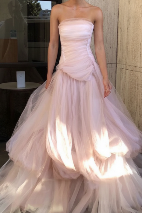 Gorgeous Strapless Layered Light Pink Tulle Long Prom Dresses,