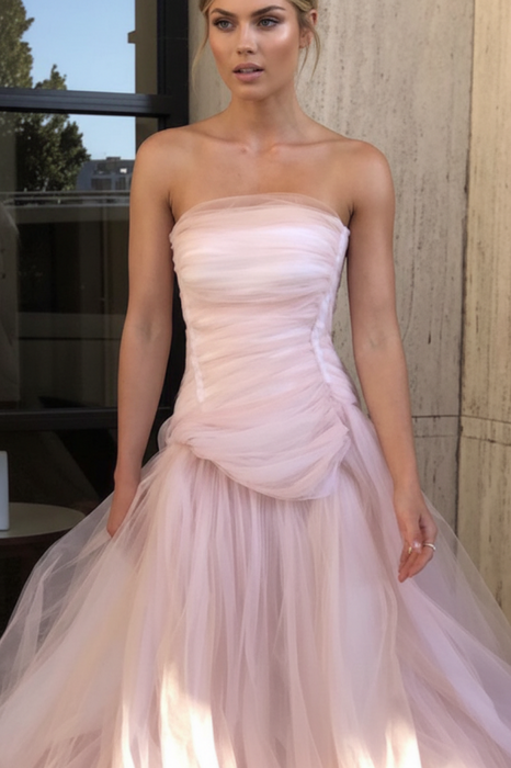 Gorgeous Strapless Layered Light Pink Tulle Long Prom Dresses,