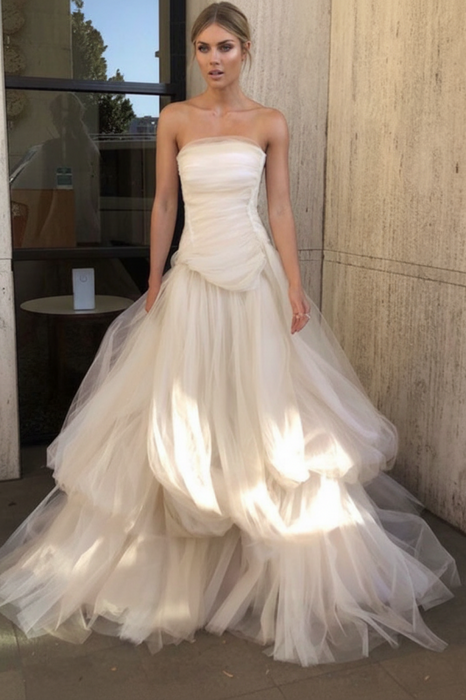 Gorgeous Strapless Layered Ivory Tulle Long Prom Dresses,