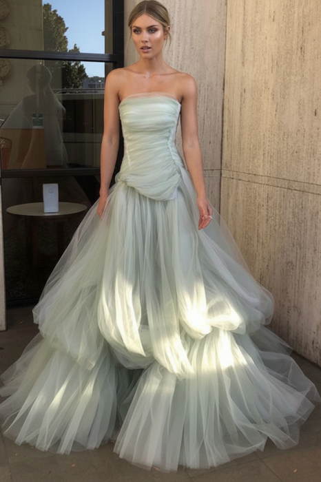 Gorgeous Strapless Layered Sage Green Tulle Long Prom Dresses
