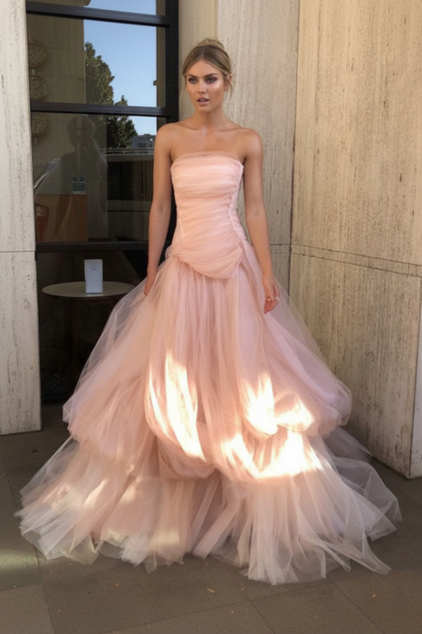 Strapless Layered Light Pink Tulle Long Prom Dresses-Bridelily