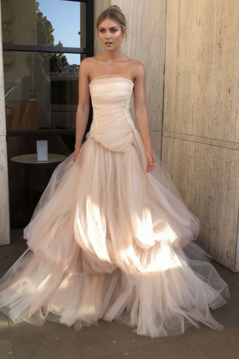 Strapless Layered Light Pink Tulle Long Prom Dresses-Bridelily Strapless Layered Light Pink Tulle Long Prom Dresses-Bridelily