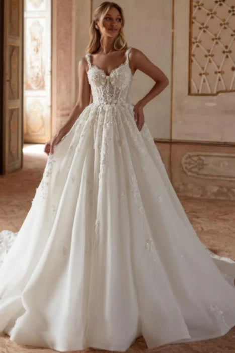 Gorgeous Tulle Lace Aline Wedding Dress Sweetheart with Chapel Train - Wedding Dresses