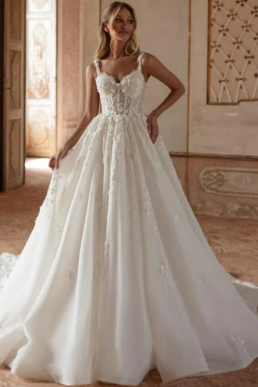 Gorgeous Tulle Lace Aline Wedding Dress Sweetheart with Chapel Train - Wedding Dresses