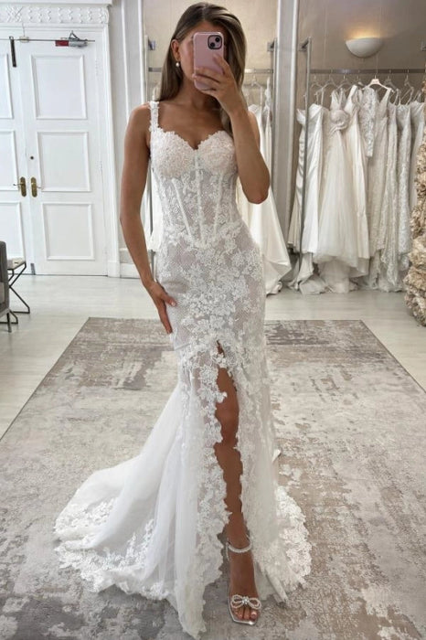Gorgeous Tulle Lace Ivory Mermaid Wedding Dress Front Split with Detachable Train
