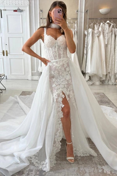 Gorgeous Tulle Lace Ivory Mermaid Wedding Dress Front Split with Detachable Train