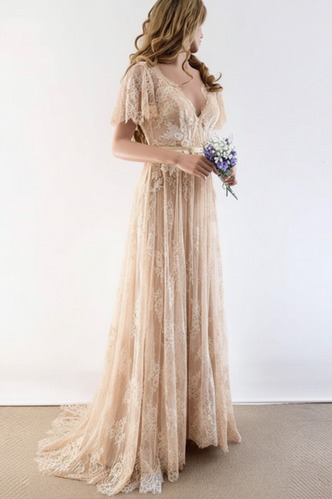 Champagne Gorgeous V-Neck Cap Sleeves Lace Wedding Dresses - wedding dresses