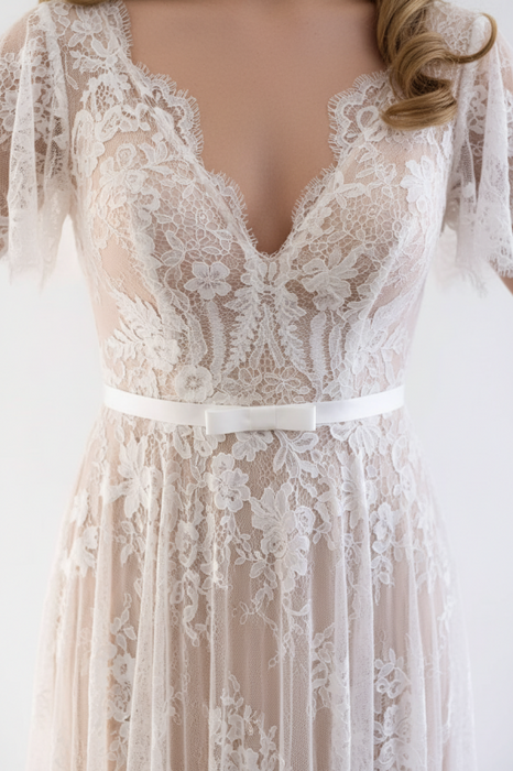 Gorgeous V-Neck Cap Sleeves Lace Wedding Dresses - wedding dresses