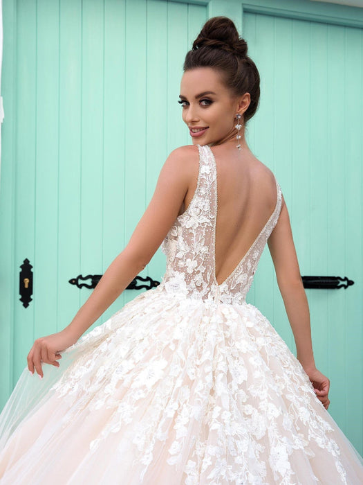 Gorgeous V Neck Open Back Pink Lace Long Prom Dresses, Pink Lace Formal Evening Dresses, Pink Ball Gown with Train