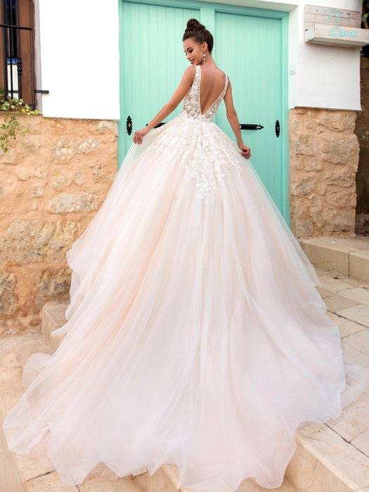 Gorgeous V Neck Open Back Pink Lace Long Prom Dresses, Pink Lace Formal Evening Dresses, Pink Ball Gown with Train