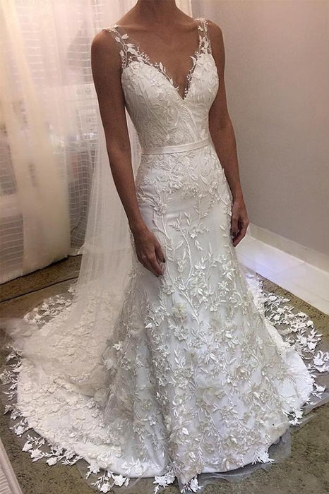 Ivory V Neck Sheath Sleeveless Backless Charming Lace Wedding Dress - Wedding Dresses